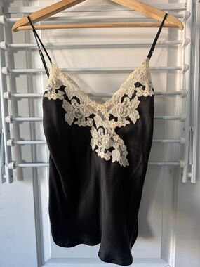 La Perla Black Satin Chemise with Cream Lace Appliqué